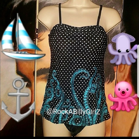 Too Fast Retro Octopus Swimsuit Blue Polka Dot Tentacles Kraken w Padded Bust - Picture 1 of 8